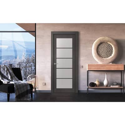 28 in. x 80 in. Avanti Black Apricot Finished Solid Core Wood 5-Lite Frosted Glass Interior Door Slab No Bore