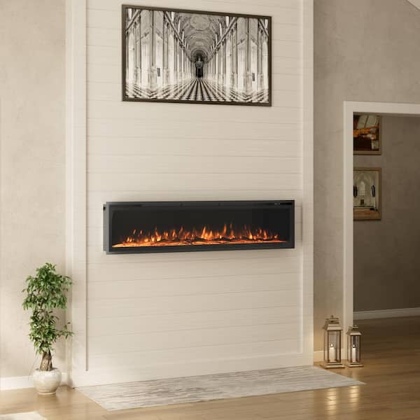 72 in. Wall Mounted Freestanding Electric Fireplace Recessed with Overheating Protection in Black