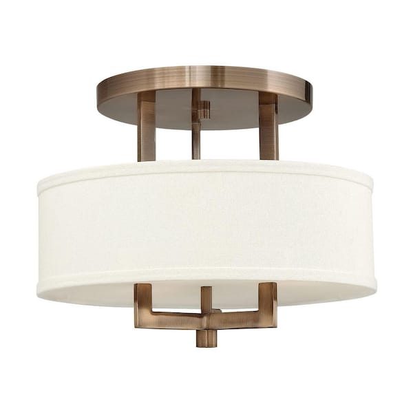 HINKLEY Hampton 15 in. 3-Light Brushed Bronze Semi-Flush Mount with Off-White Linen Hardback Shade