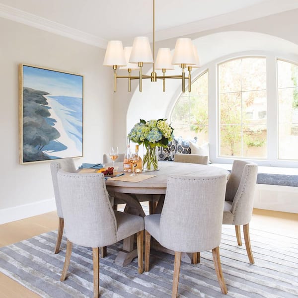 6-Light Dimmable Classic / Traditional Gold Chandelier with White Fabric Shade for Dining Room