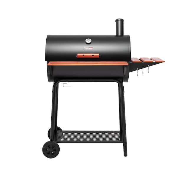 Royal Gourmet Barrel Charcoal Grill with Wood-Painted Side and Front Table, for Picnic, Camping, Patio Backyard Cooking in Black