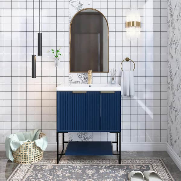 Unbranded 30 in. W x 18 in. D x 35 in. H Freestanding Bath Vanity in Navy Blue with White Cultured Marble Top