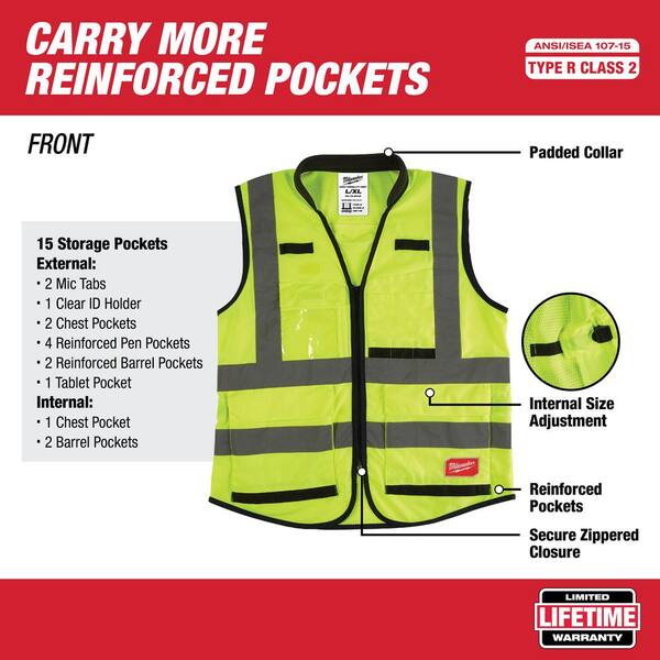 Premium Small/Medium Yellow Class 2 High Visibility Safety Vest with 15 Pockets and Clear Anti Scratch Safety Glasses