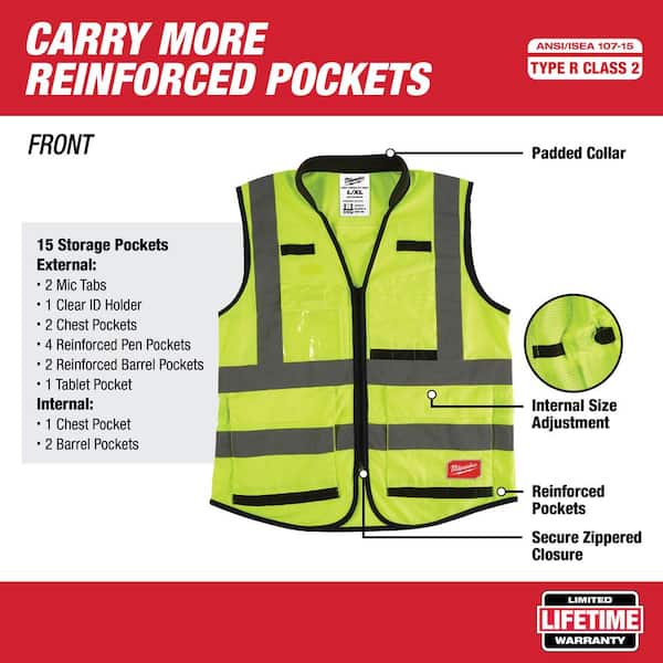 Performance Small/Medium Yellow Class 2 High Visibility Safety Vest with 15 Pockets (4-Pack)