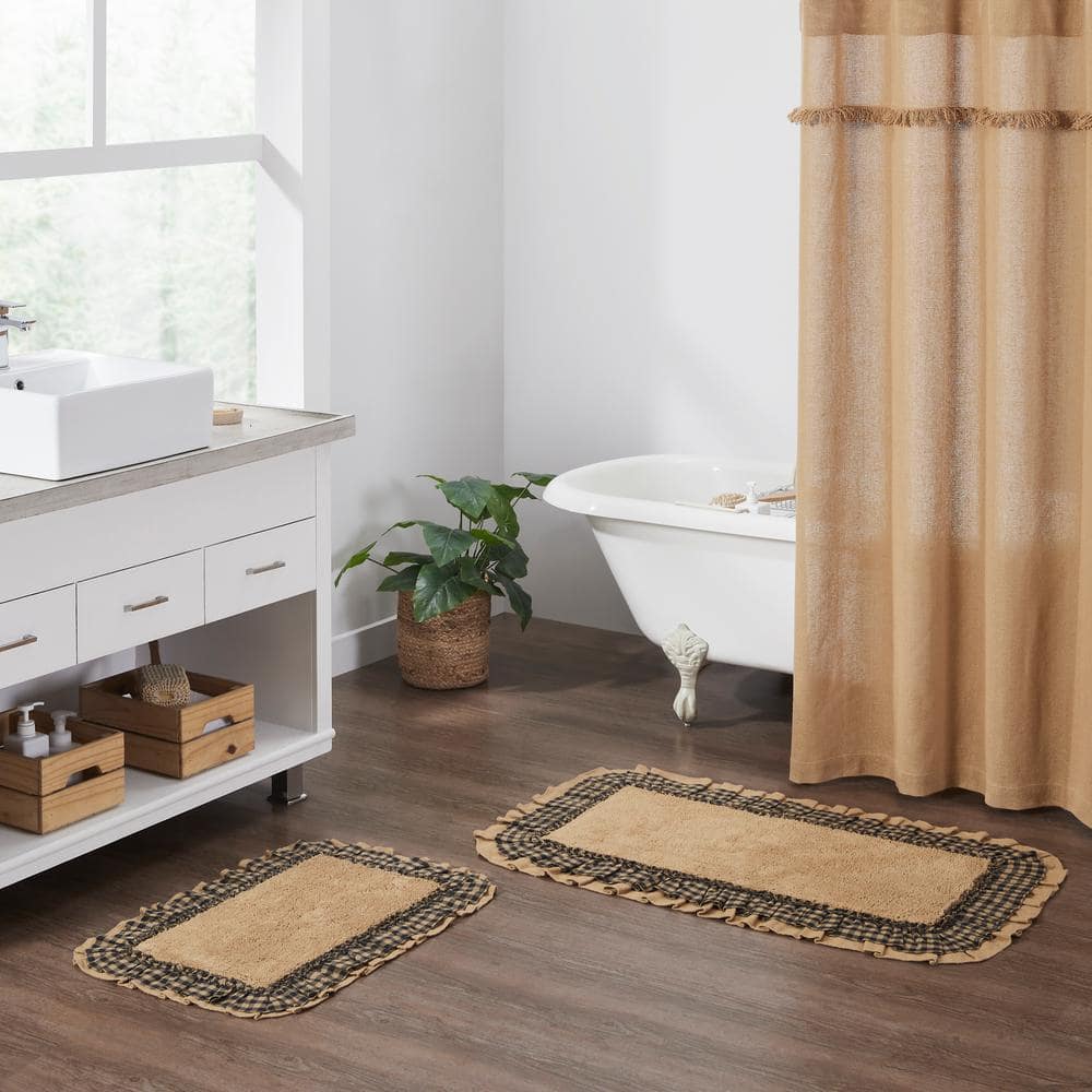 Farmhouse Tan and Black Checkered Cotton Burlap Bath Mat 20x30
