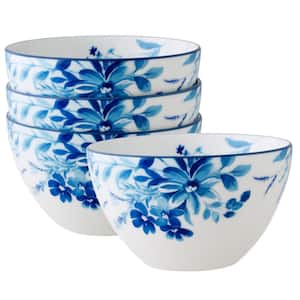 Blossom Road 6 in., 29.5 fl. oz. (White and Blue) Porcelain Cereal Bowls, (Set of 4)