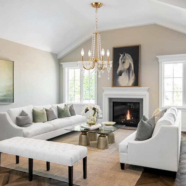 4-Light Brass Classic Candlestick Crystal Hanging Linear Chandelier Lighting for Dining Room Kitchen Island