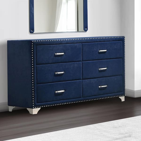 60 in. Blue and Chrome 6-Drawer Wooden Dresser Without Mirror