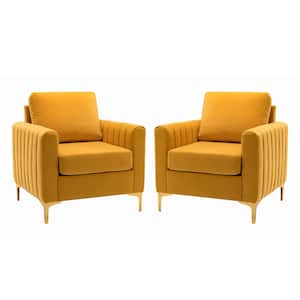 Ennomus Modern Mustard Velvet Cushion Back Club Chair with Golden Metal Legs and Track Arms (Set of 2)