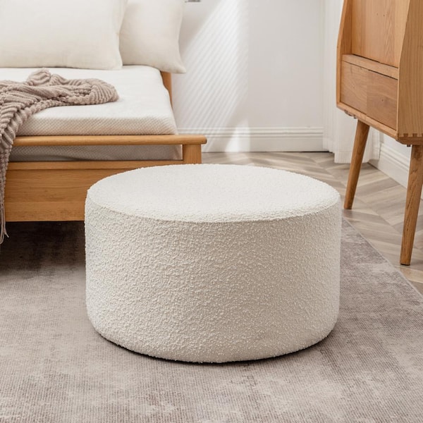 KINWELL White Boucle Upholstered Round Ottoman