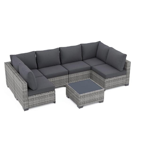 Sudzendf 7-Piece Wicker Outdoor Patio Conversation Set with Gray Cushions and Glass Coffee Table