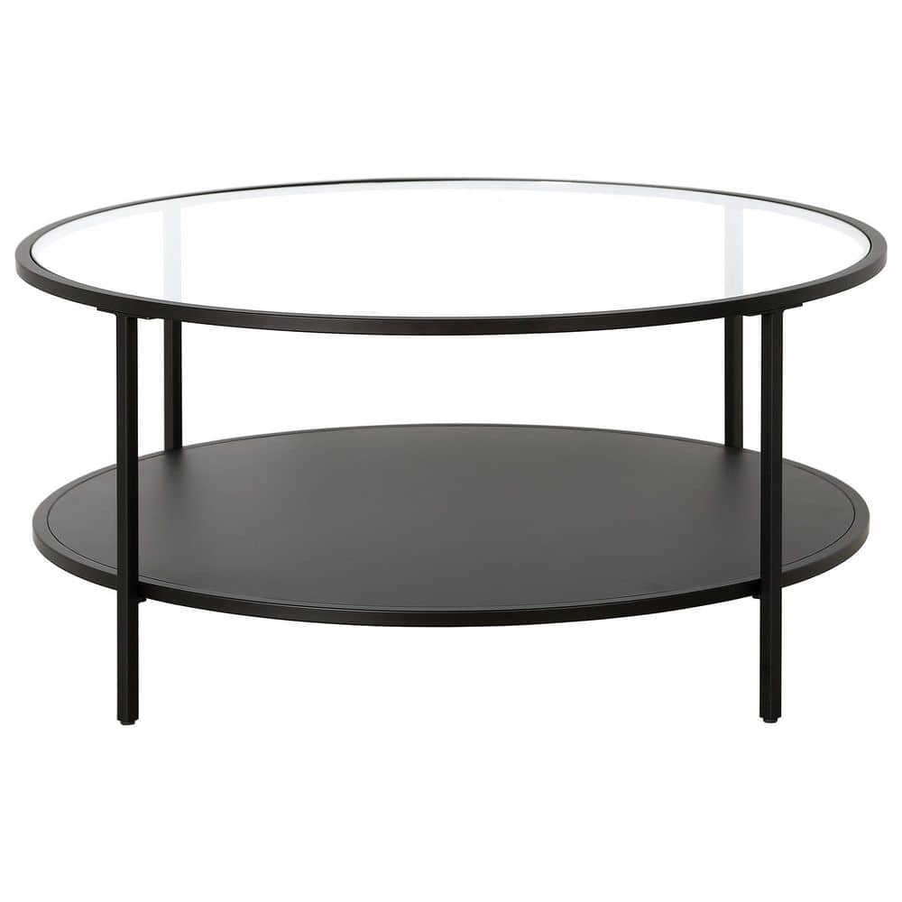 Blackened Bronze Round Coffee Table with Glass Top and Metal Shelf, 36"
