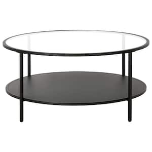Sivil 36 in. Blackened Bronze Round Glass Coffee Table with Glass Shelf