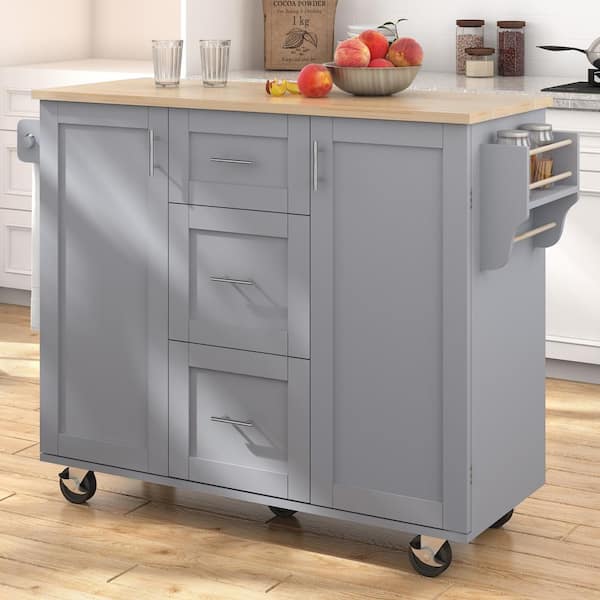 FAMYYT Rolling Gray Rubberwood Tabletop 50 in. Kitchen Island with ...