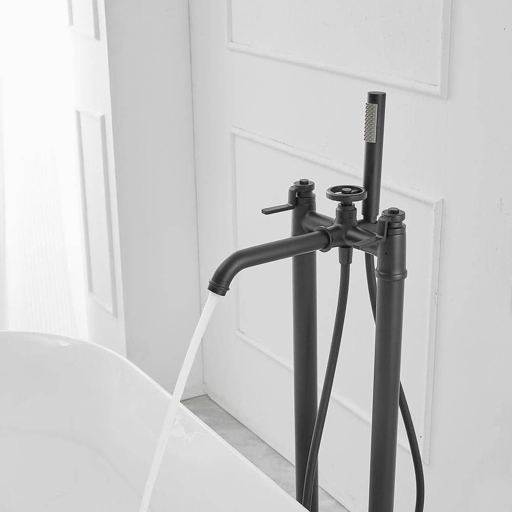 Matte Black Freestanding Floor Mount Tub Faucet with Hand Shower