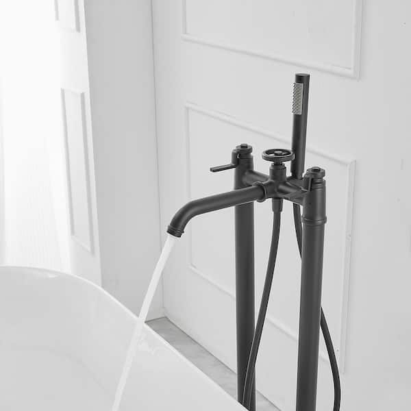 3-Handle Freestanding Floor Mount Roman Industrial Style Tub Faucet Bathtub Filler With Hand Shower In Matte Black