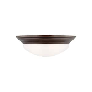 Nash 14 in. 2-Light Bronze Classic Contemporary Flush Mount with Satin Etched Glass Twist-Lock Shade