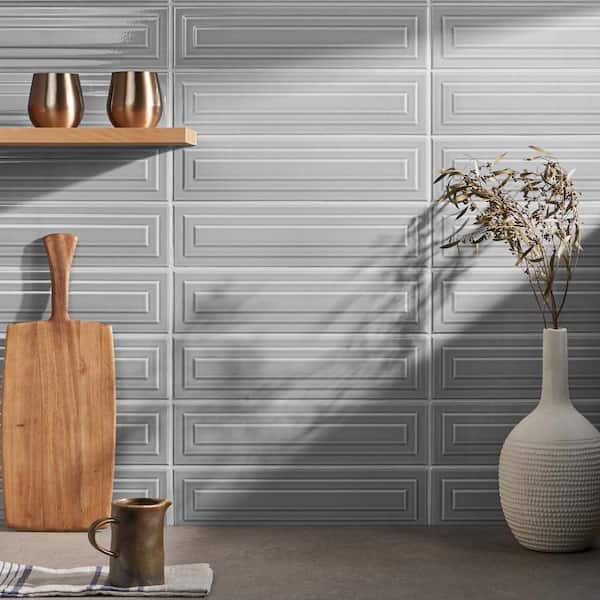 Colorwave Framed Gray 4.43 in. x 17.62 in. Polished Crackled Ceramic Wall Tile (7.08 Sq. Ft./Case)
