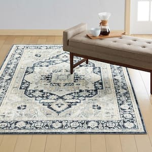 Treasure Rubia Ivory/Navy Blue 6 ft. x 9 ft. Medallion Machine Washable Runner Area Rug