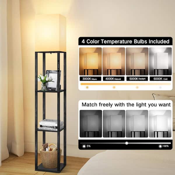 63 in. Black 1-Light Dimmable Column Floor Lamp for Living Room with Linen Shade and Remote Control