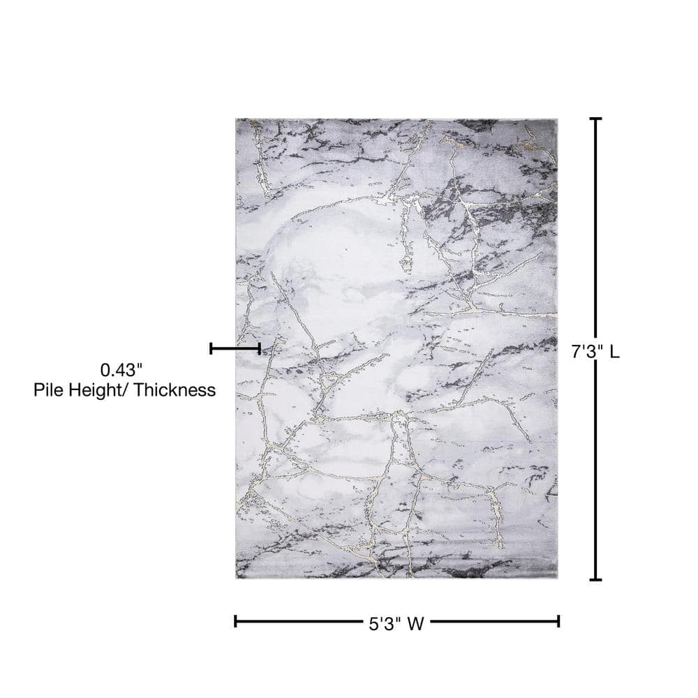 Gray and White Marble Abstract Area Rug with Gold Accents