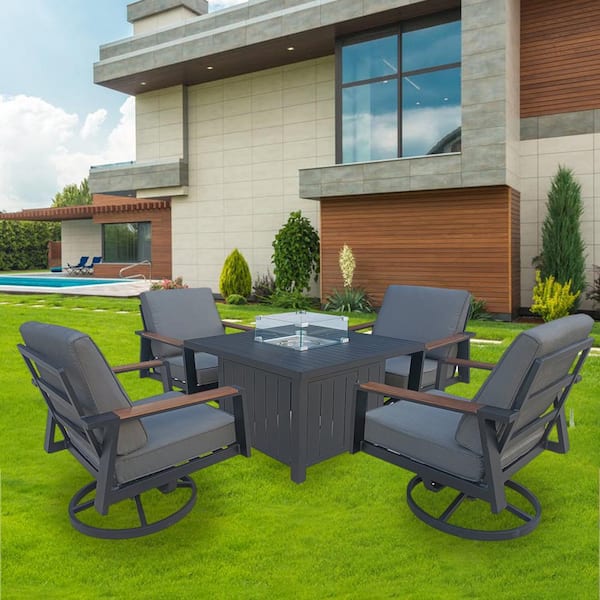PATIOPTION 5-Piece Aluminum Square Patio Fire Pit Sectional Seating Set with Gray Cushion, Swivel Chair, Square Fire Pit Table