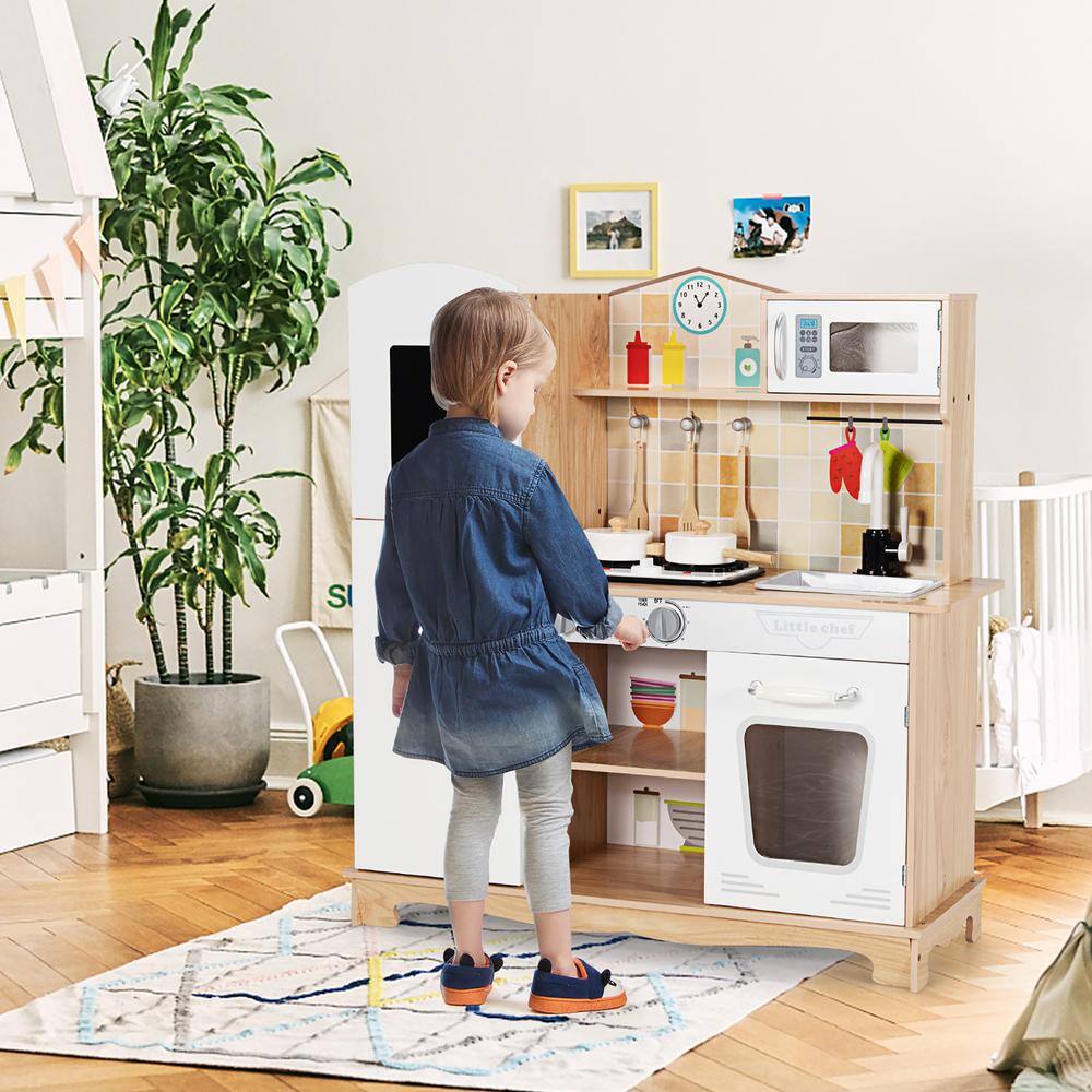 White and Natural Wooden Kids Pretend Kitchen Playset with Utensils and Sound