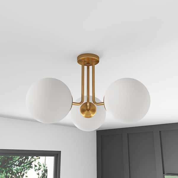 aiwen Modern 23.62 in. 3-Light Brass Gold Semi-Flush Mount
