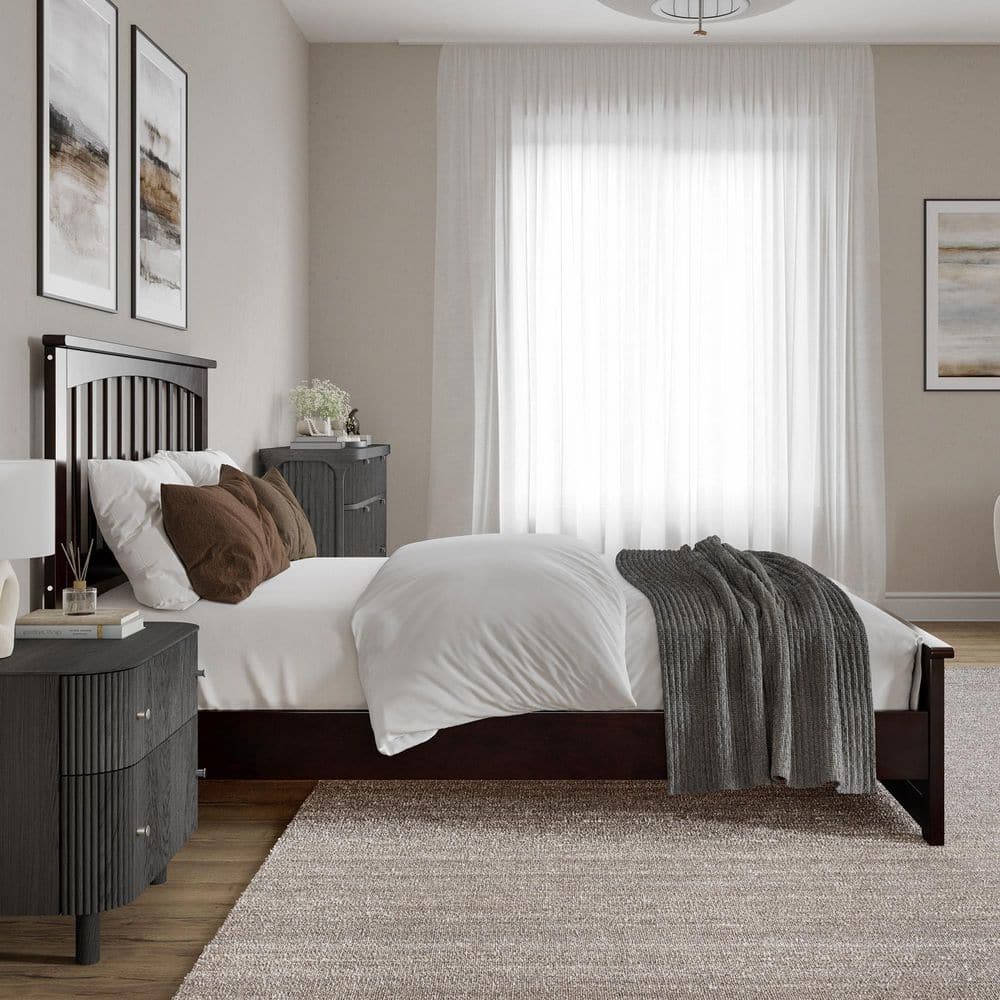 Espresso Full Wood Platform Bed with Slatted Headboard and Footboard