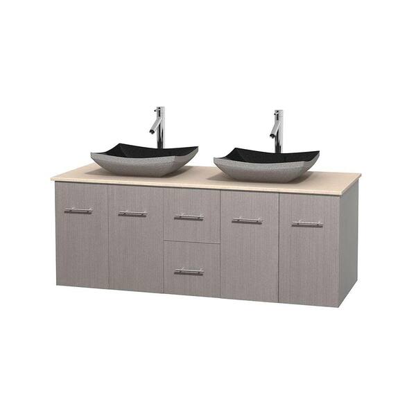 Wyndham Collection Centra 60 in. Double Vanity in Gray Oak with Marble Vanity Top in Ivory and Black Granite Sinks