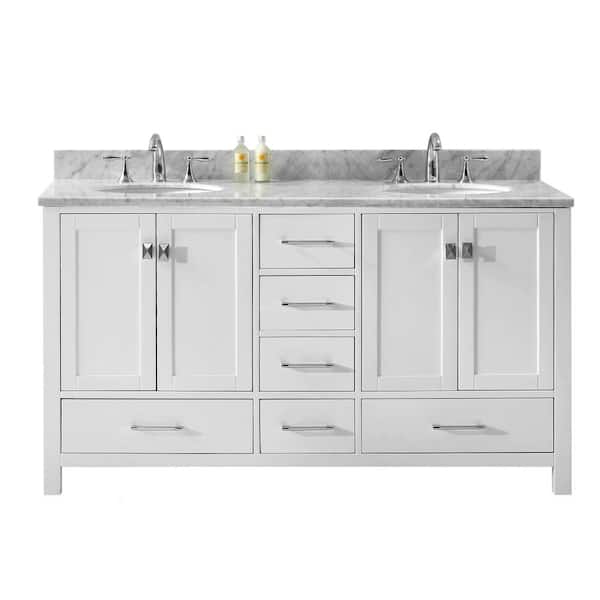 Virtu USA Caroline Avenue 60 in. W Bath Vanity in White with Marble Vanity Top in White with Round Basin