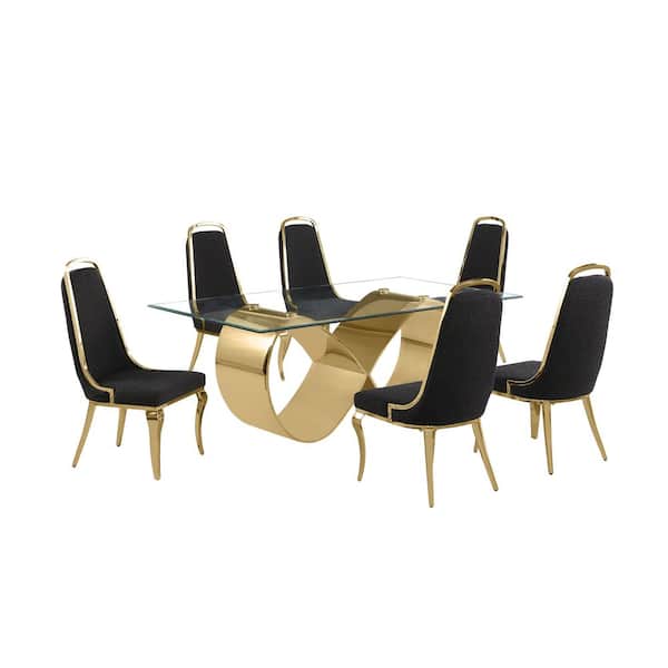 Garrett 7-Piece Clear Tempered Glass Top with Gold Stainless Steel Base Dining Set with 6 Black Boucle Fabric Chairs