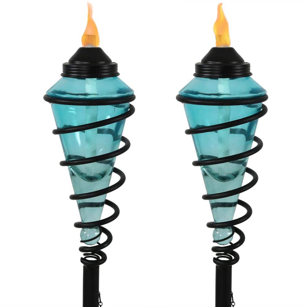 Blue Glass and Metal Swirl Adjustable Height Outdoor Torch Set