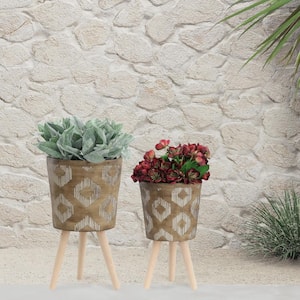 12 in. Diamond Planter with Wooden Legs Brown (2-Pack)