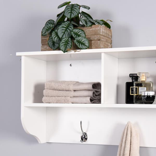 FUNKOL Aluminum Shower Curtain Rings/Hooks Wall Mounted Coat Rack in Black for Bathroom with 4-Hooks Storage Shelf