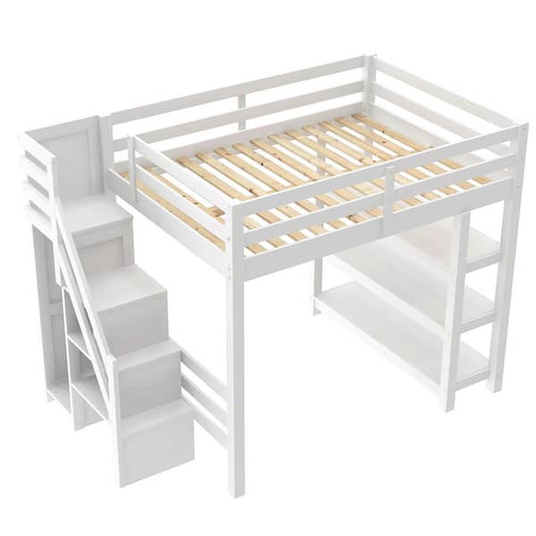 White Full Size Wood Loft Bed with Storage Staircase, Shelves, Small Wardrobe and LED Light
