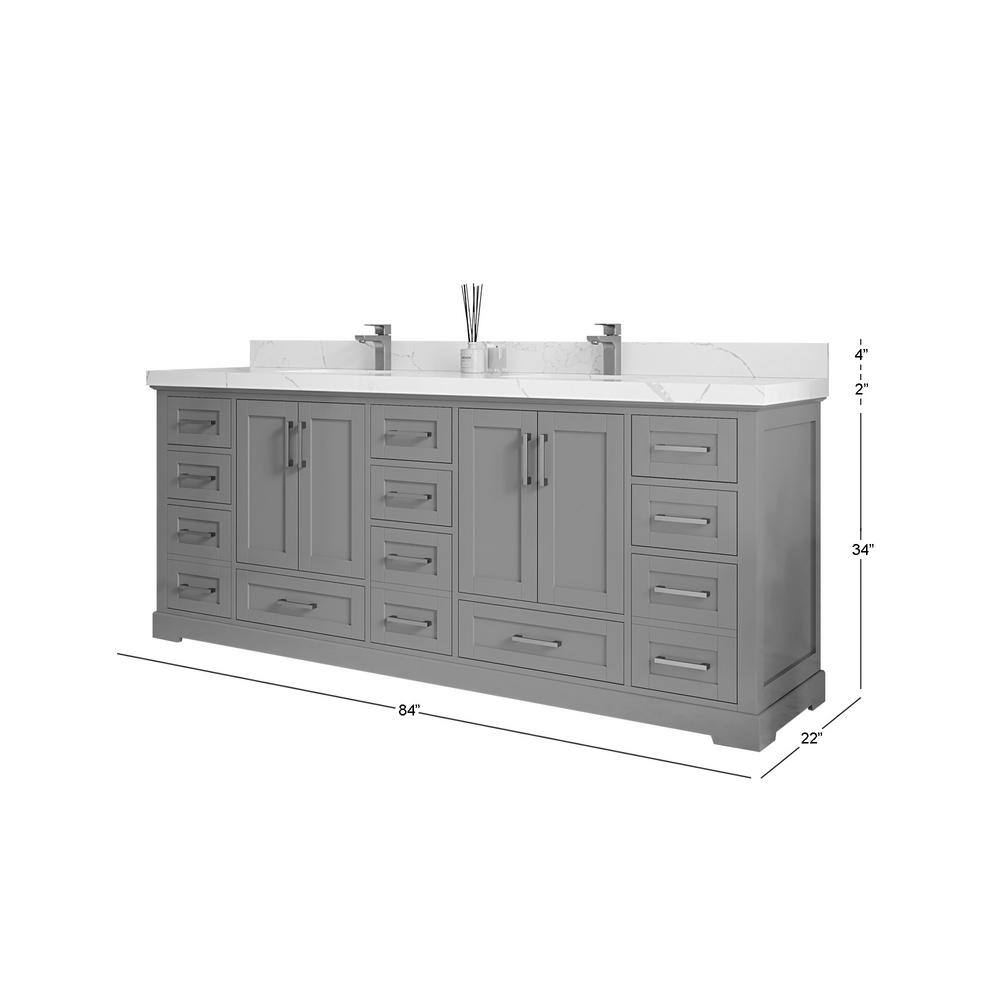 84" Navy Blue Solid Wood Double Sink Bathroom Vanity with Quartz Top