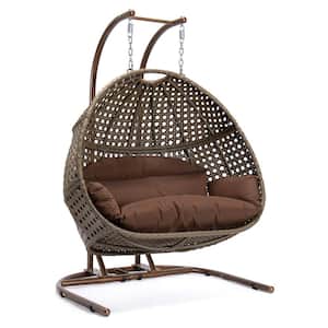 2-Person Beige Wicker Hanging Double Egg Porch Swing Chair with Dark Brown Cushions