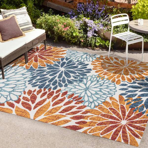 JONATHAN Y Crisantemo Orange/Blue/Cream 4 ft. x 6 ft. Floral Indoor/Outdoor Area Rug