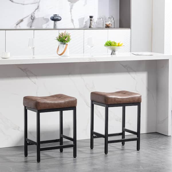 JEAREY Peel Modern 24 in. Counter Height Faux Leather Brown Bar Stools for Kitchen Set of 2