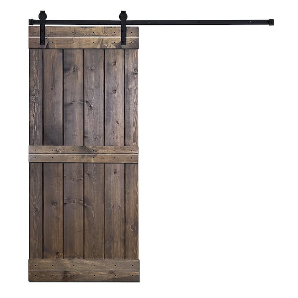 AIOPOP HOME Mid-Bar Series 24 in. x 84 in. Otter Brown Stained Knotty Pine Wood DIY Sliding Barn Door with Hardware Kit