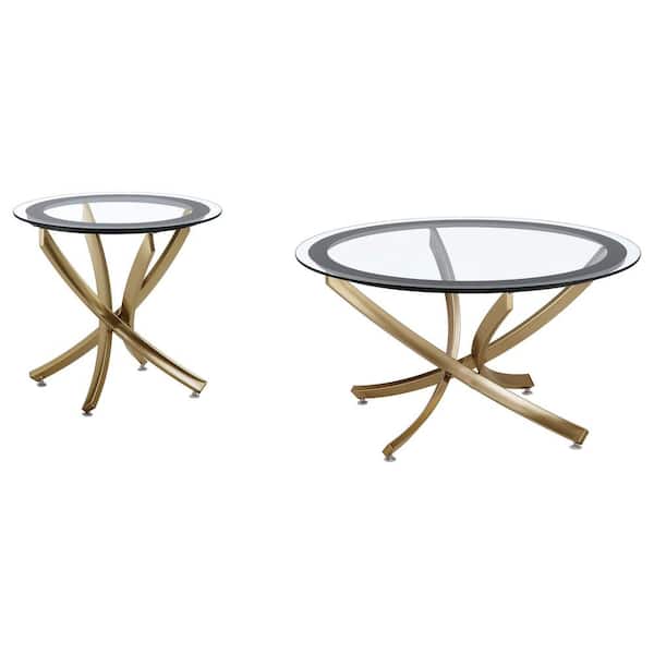 Coaster Brooke 35.5 in. Rose Brass and Black Round Glass Top Coffee Table Set 2-Piece