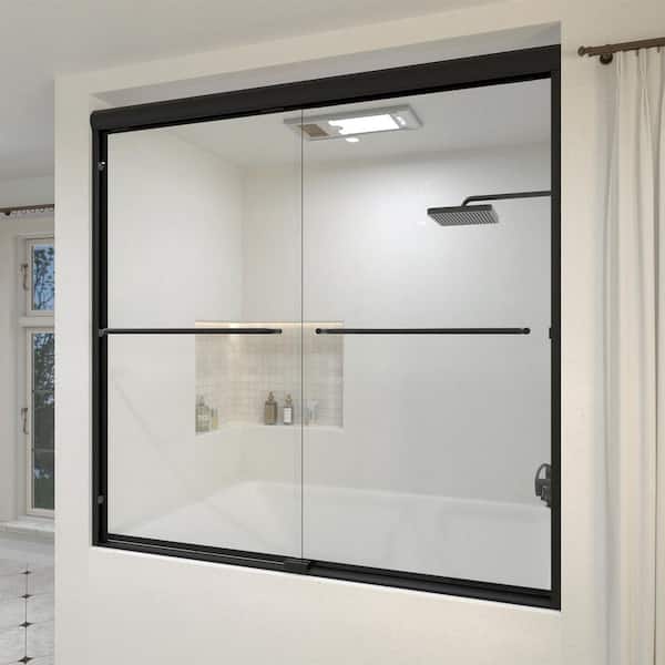 Orvix 60 in. W x 56 in. H Sliding Semi Frameless Tub Door in Matte Black Finish with Clear Glass