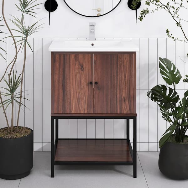 JimsMaison 24 in. W x 18 in. D x 34 in. H Single Sink Freestanding Bath Vanity in Walnut with White Ceramic Top