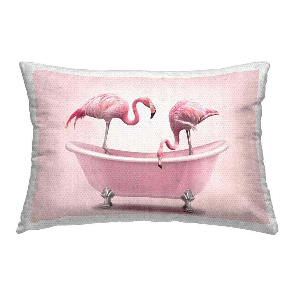 Pink Flamingo Bath Rectangular Outdoor Throw Pillow