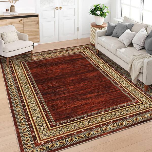 10 ft. x 13 ft. Bordered Red Low‑Pile Washable Anti‑Skid Non‑Shedding Carpet For Bedroom, Living Room Geometric Area Rug