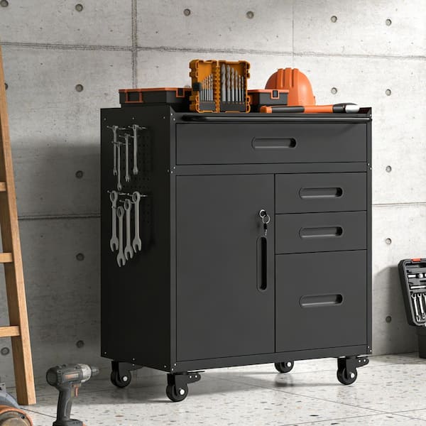 Black 34.3 in. H Mobile Tool Storage Cabinet Garage Organizer with