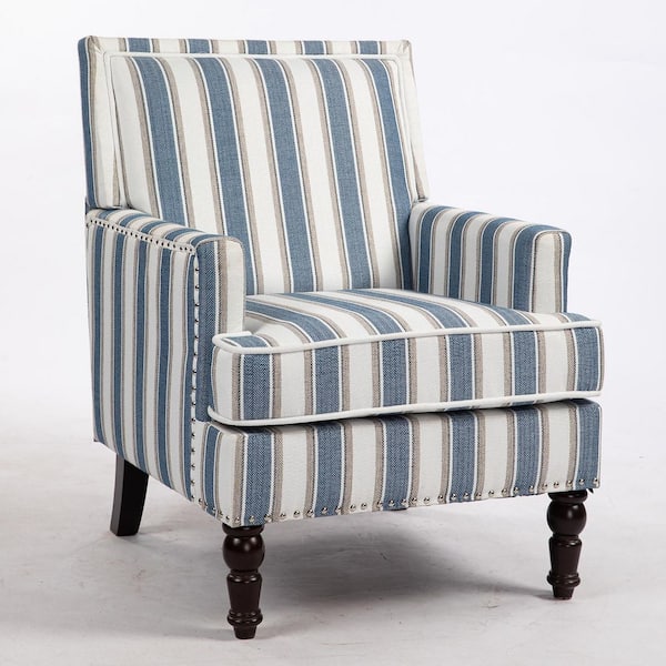 Blue Mix White Striped Linen Fabric Vintage Upholstered Accent Chair, Living Room Arm Chair with Nailhead Trim