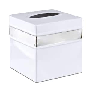 Handcrafted Metal Tissue Box Cover in White with Nickel Band