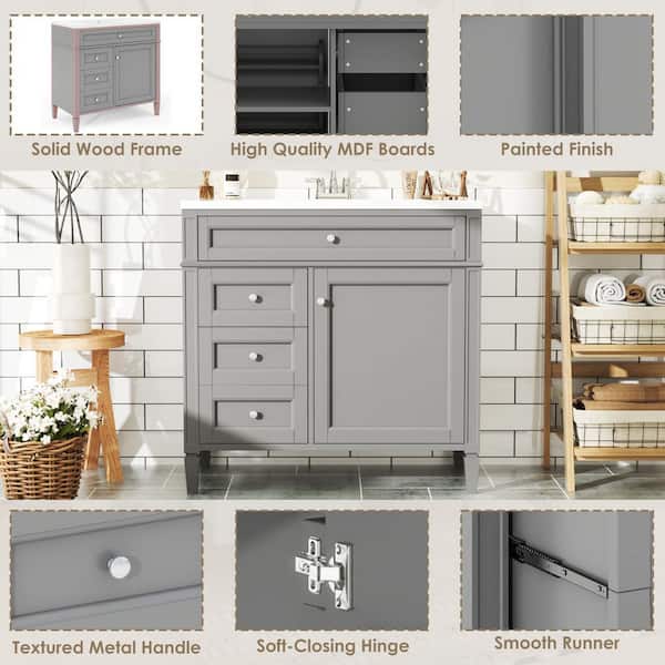 Ziyudura 36 in. Single Sink Freestanding Gray Bath Vanity with